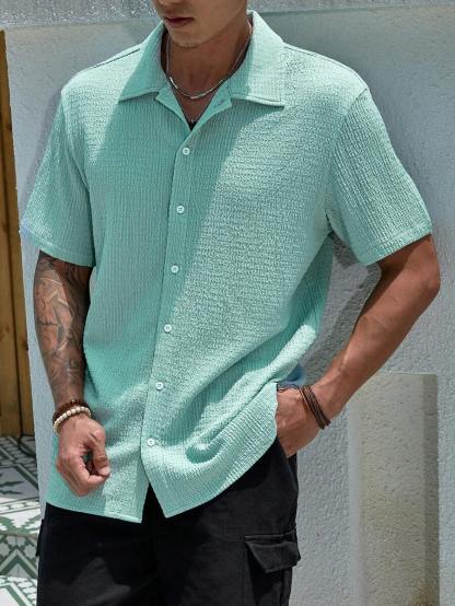 Loose Fit Short Sleeve Textured Shirts-Vacay Outfit