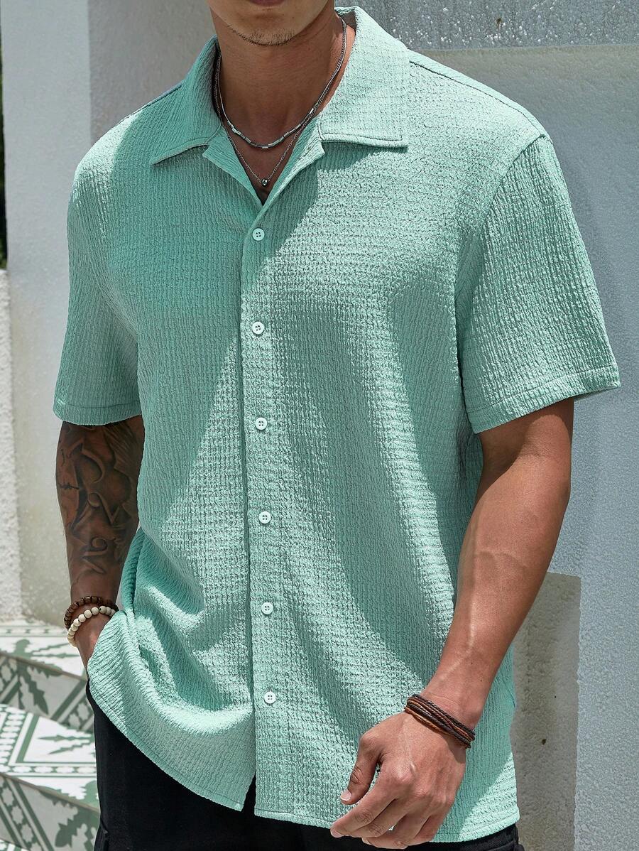 Loose Fit Short Sleeve Textured Shirts-Vacay Outfit