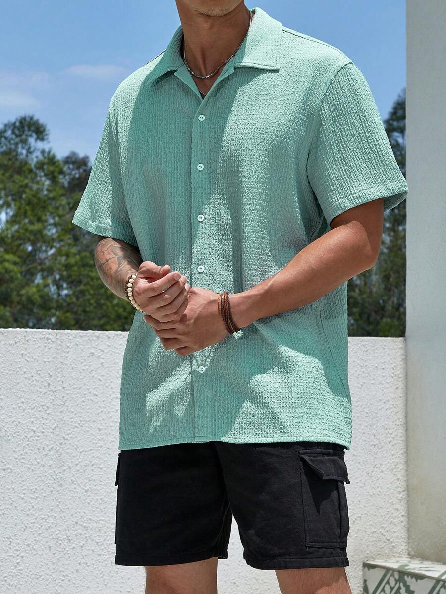 Loose Fit Short Sleeve Textured Shirts-Vacay Outfit