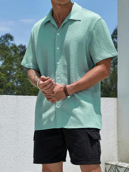 Loose Fit Short Sleeve Textured Shirts-Vacay Outfit