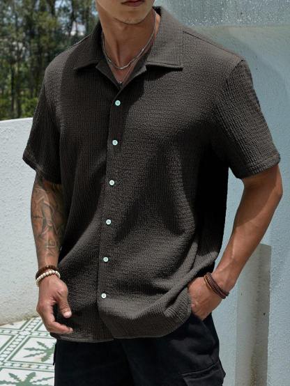 Loose Fit Short Sleeve Textured Shirts-Vacay Outfit
