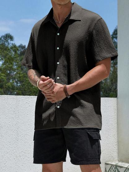 Loose Fit Short Sleeve Textured Shirts-Vacay Outfit
