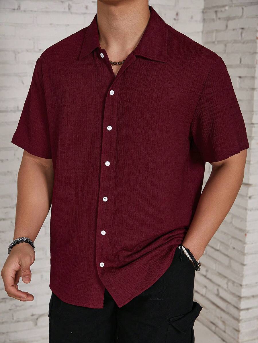 Loose Fit Short Sleeve Textured Shirts-Vacay Outfit