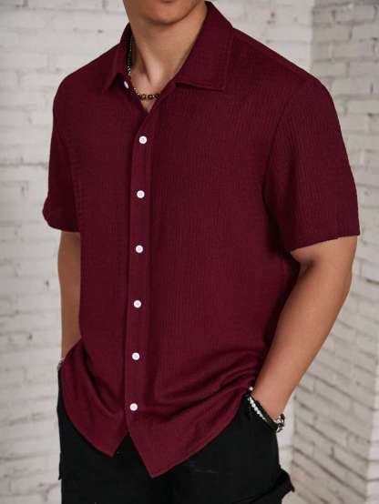 Loose Fit Short Sleeve Textured Shirts-Vacay Outfit
