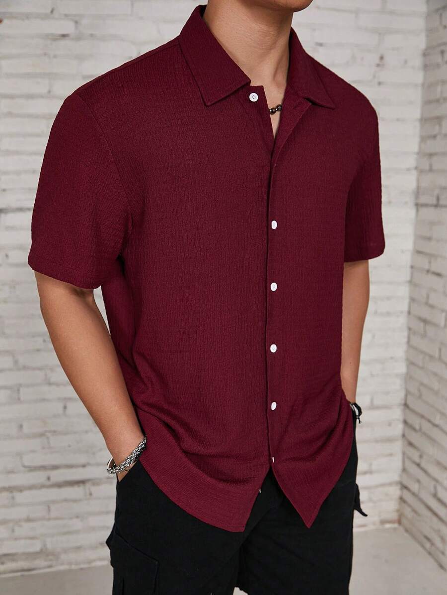 Loose Fit Short Sleeve Textured Shirts-Vacay Outfit