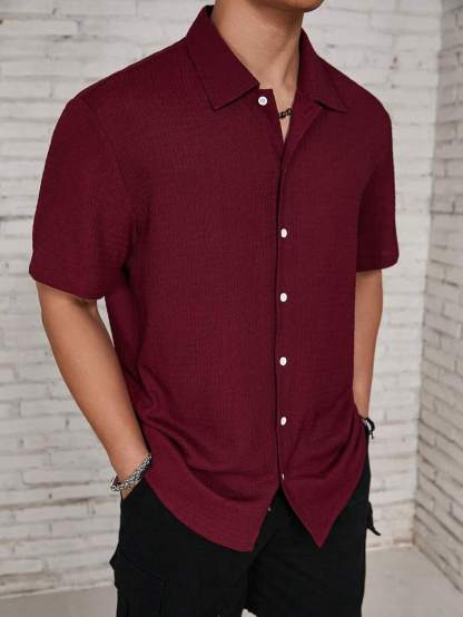 Loose Fit Short Sleeve Textured Shirts-Vacay Outfit