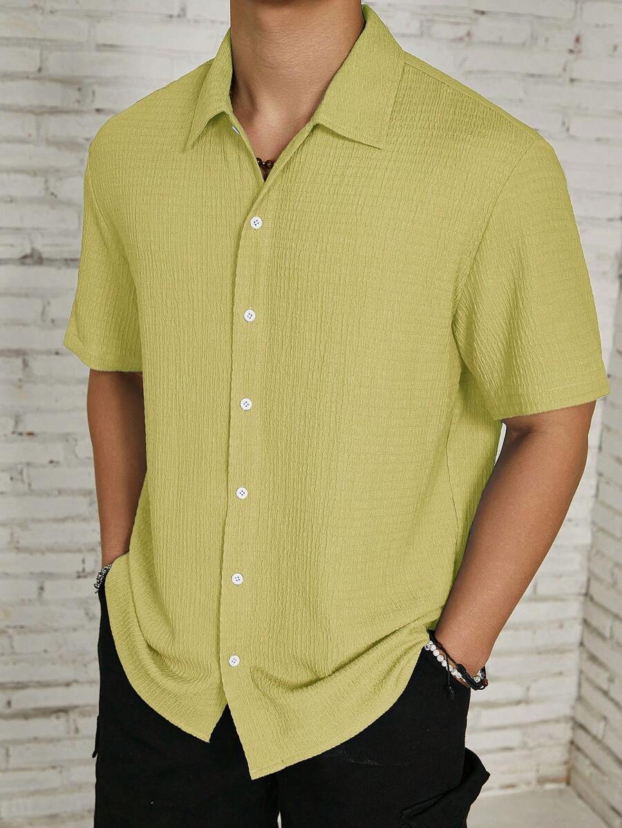 Loose Fit Textured Button Up Shirts-Vacay Outfit