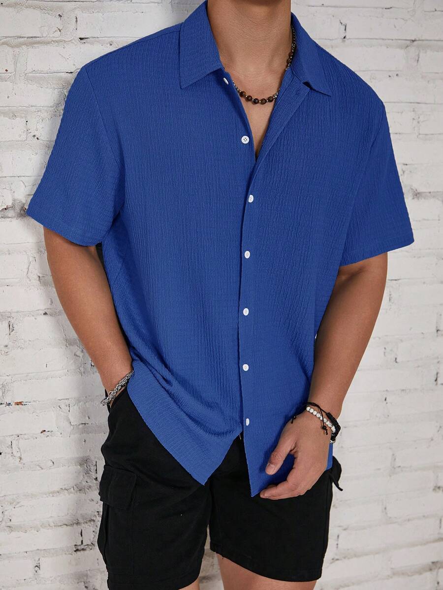 Loose Fit Textured Button Up Shirts-Vacay Outfit