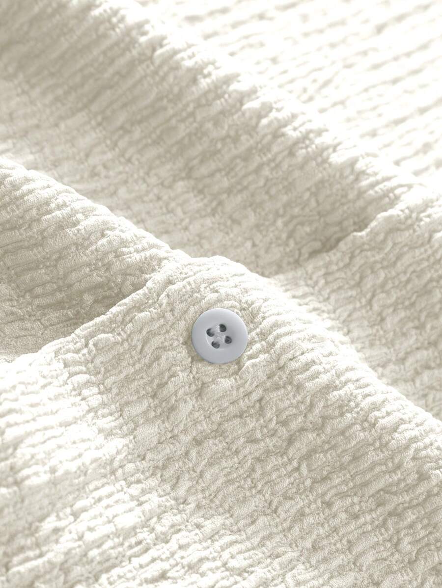 Loose Fit Textured Button Up Shirts-Vacay Outfit