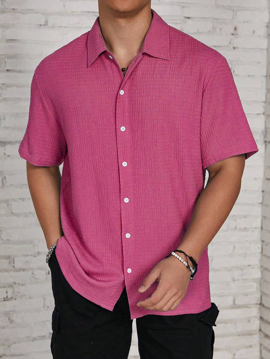 Loose Fit Textured Button Up Shirts-Vacay Outfit