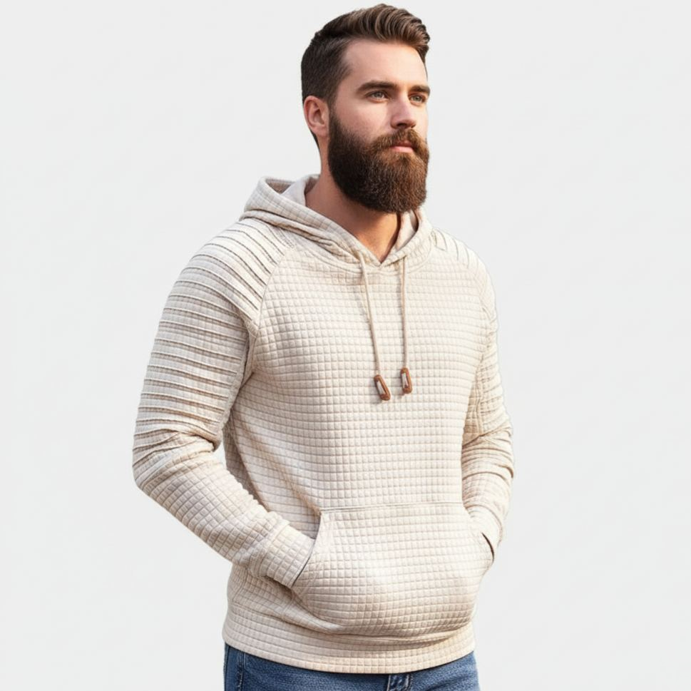 Men Long Sleeve Waffle Knit Pullover Hoodie with Kangaroo Pocket