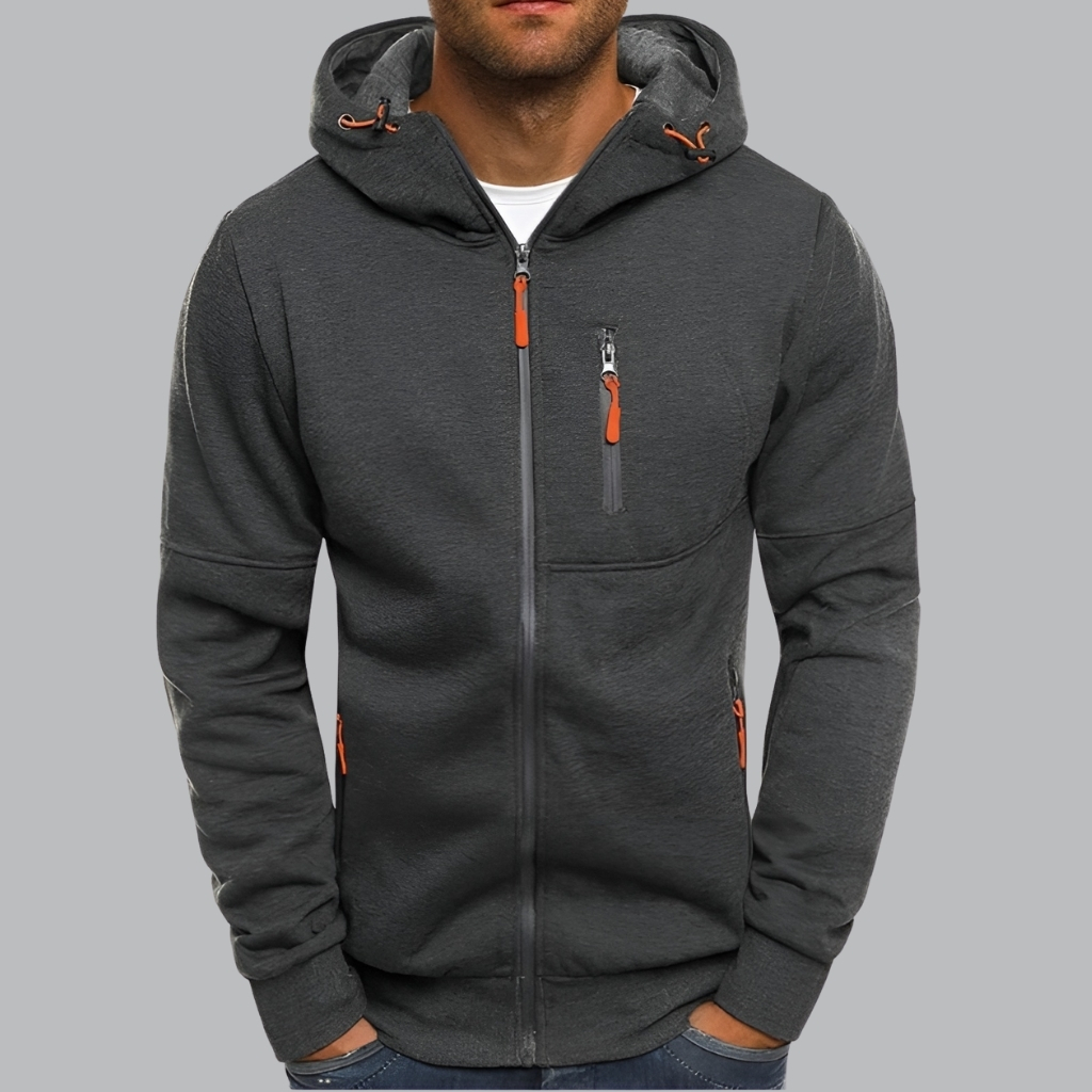 Men with Zip Pockets Full Zip Long Sleeve Sports Hooded