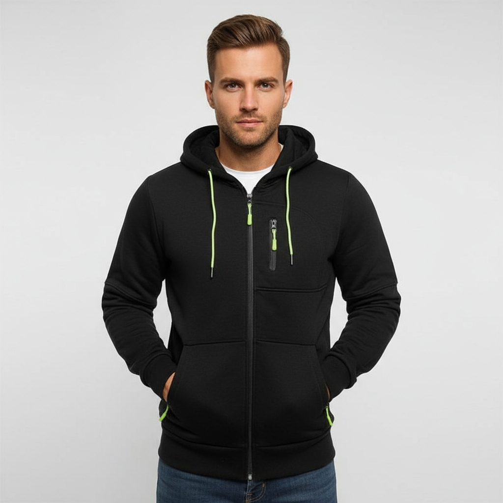 Men with Zip Pockets Full Zip Long Sleeve Sports Hooded