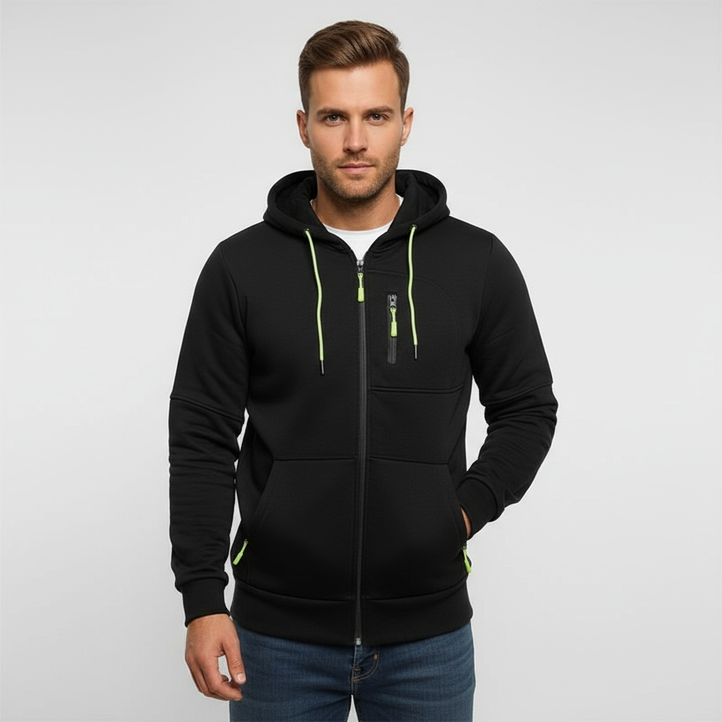 Men with Zip Pockets Full Zip Long Sleeve Sports Hooded