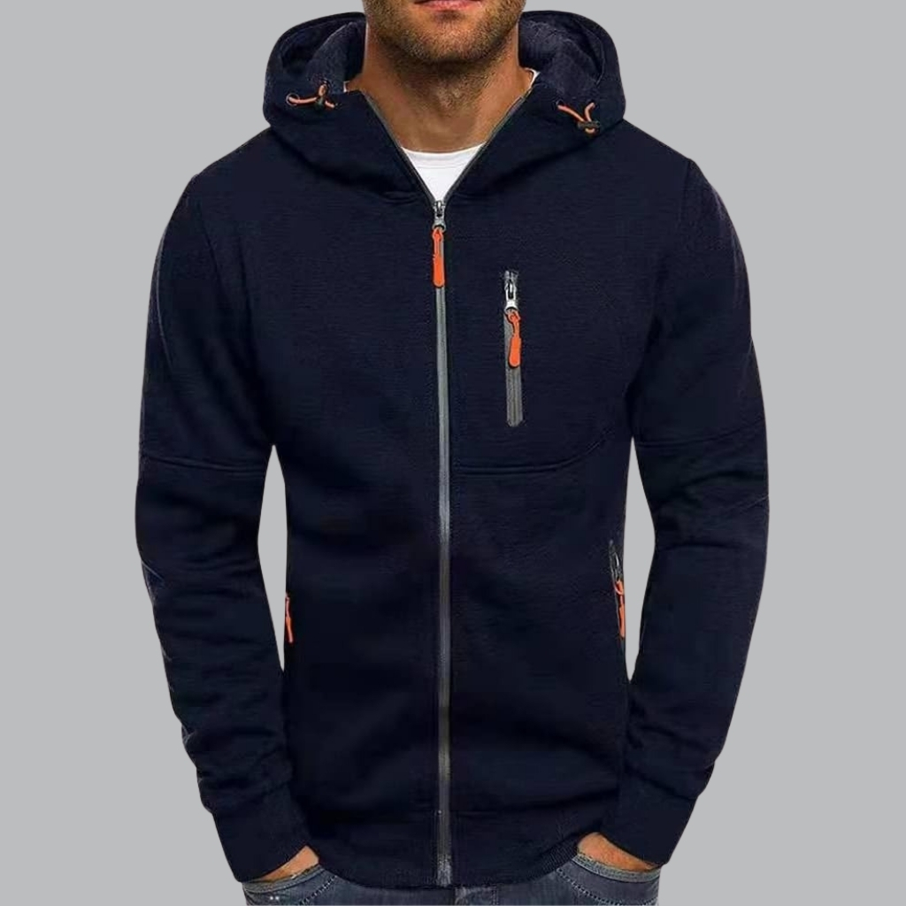 Men with Zip Pockets Full Zip Long Sleeve Sports Hooded