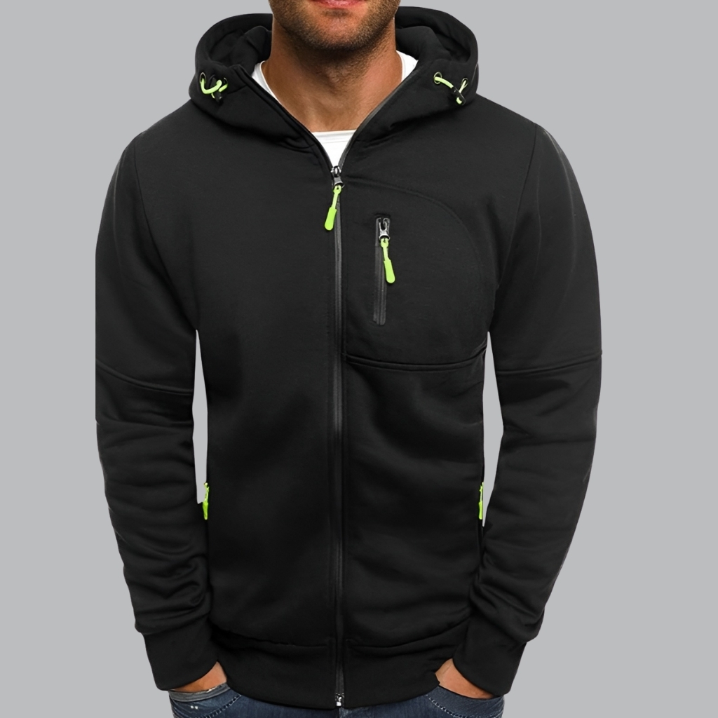 Men with Zip Pockets Full Zip Long Sleeve Sports Hooded