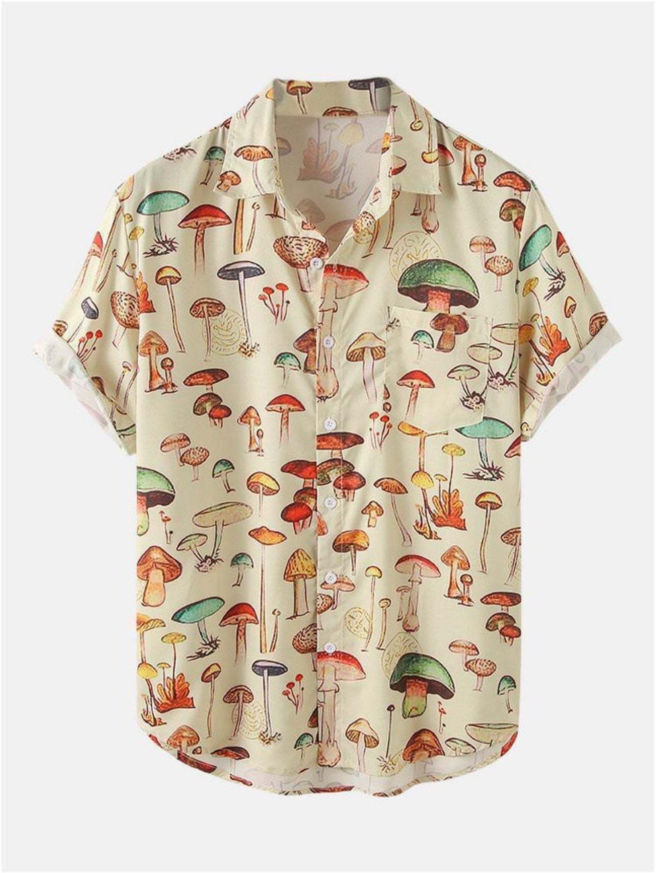 Mushroom Printed Short Sleeve Shirts-Vacay Outfit