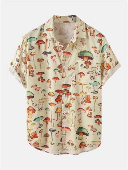 Mushroom Printed Short Sleeve Shirts-Vacay Outfit