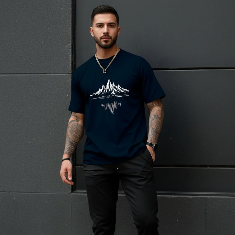 Stylized Mountain Print Lightweight Short Sleeve T Shirt For Men