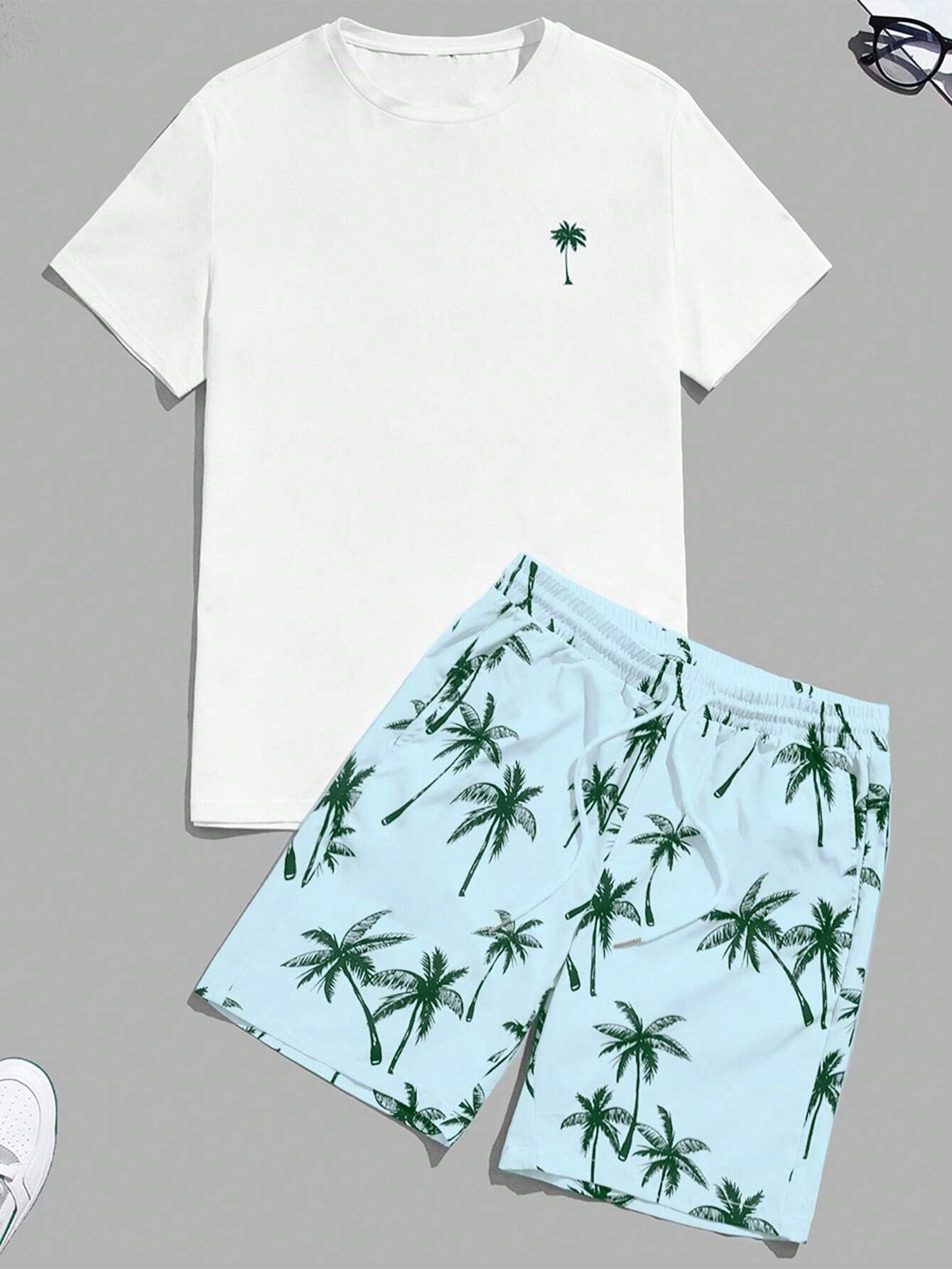 Palm Motif T Shirt With Adjustable Shorts-Vacay Outfit