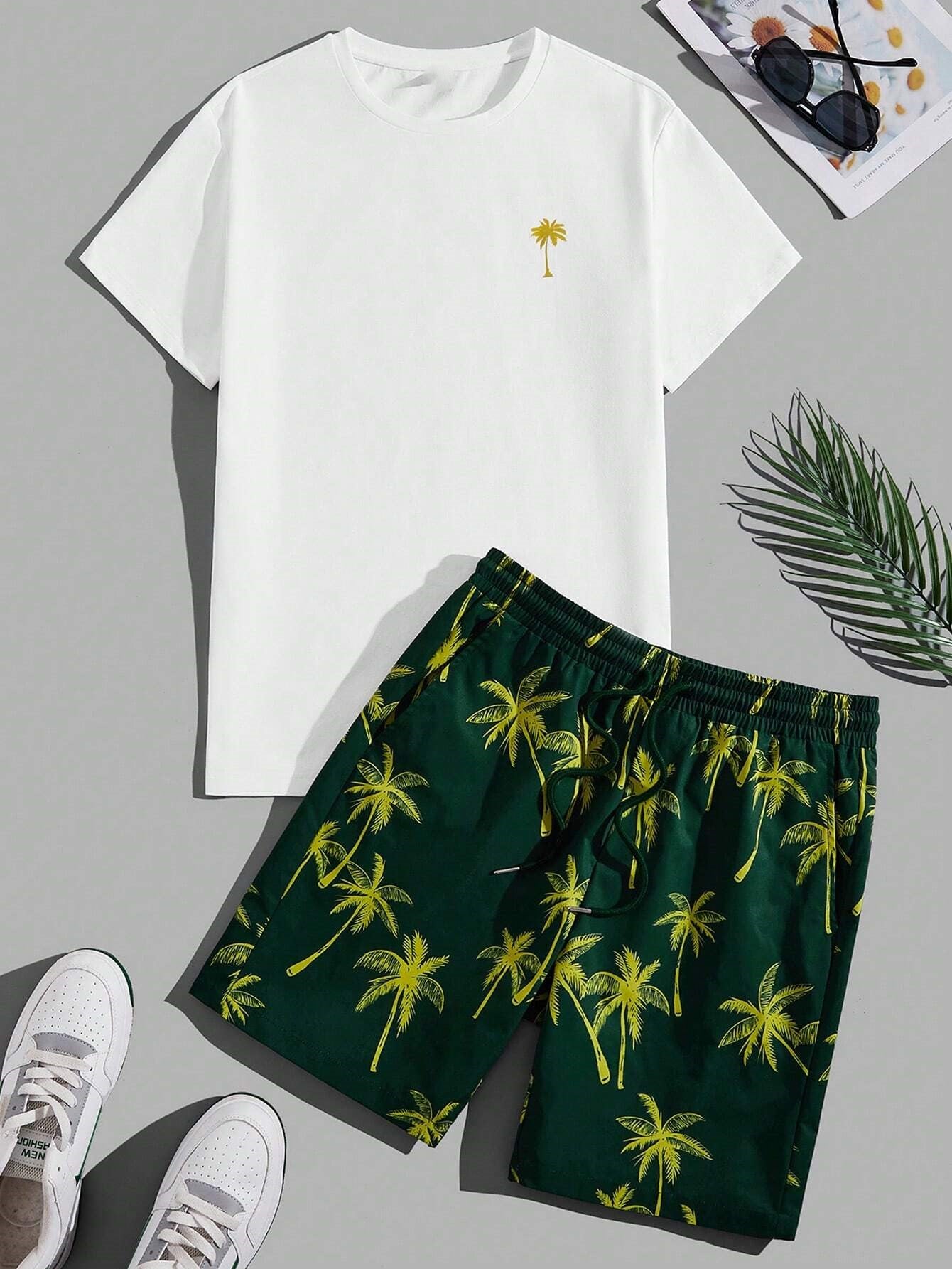Palm Motif T Shirt With Adjustable Shorts-Vacay Outfit