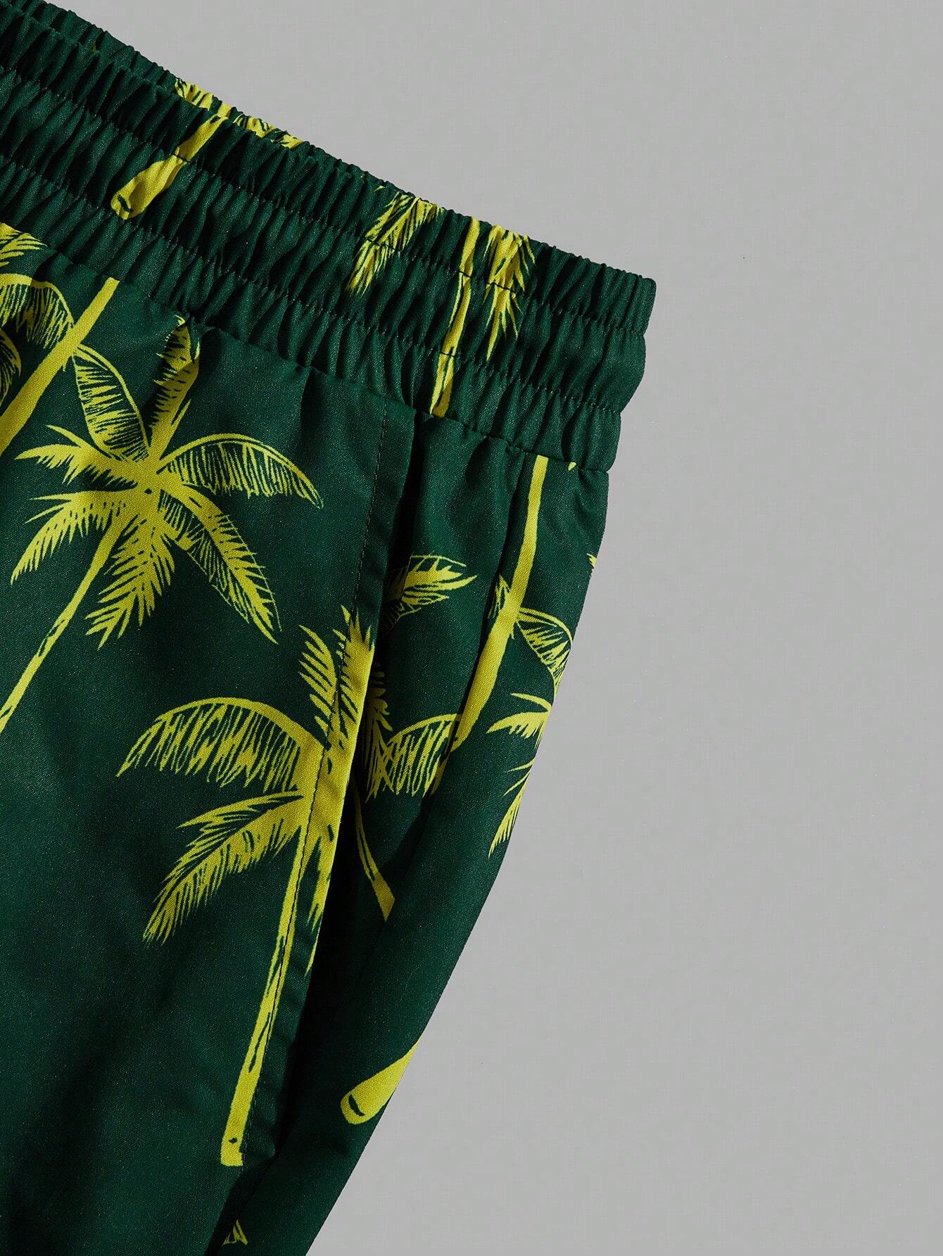 Palm Motif T Shirt With Adjustable Shorts-Vacay Outfit