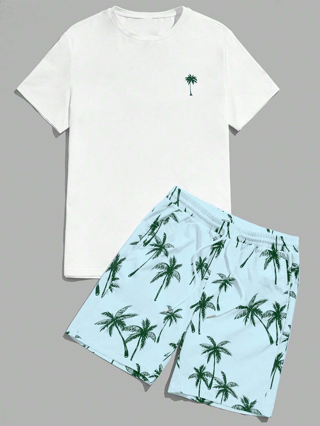 Palm Motif T Shirt With Adjustable Shorts-Vacay Outfit