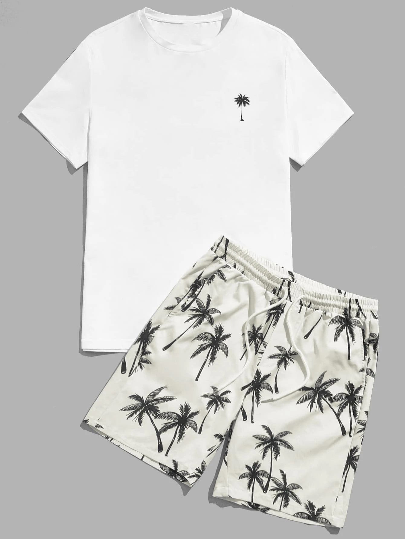 Palm Motif T Shirt With Adjustable Shorts-Vacay Outfit