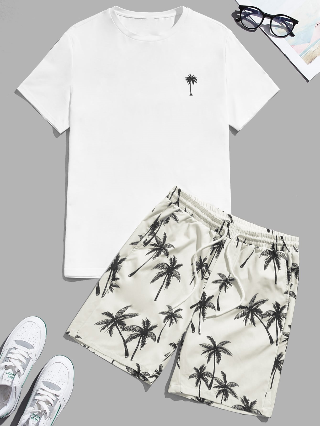 Palm Motif T Shirt With Adjustable Shorts-Vacay Outfit