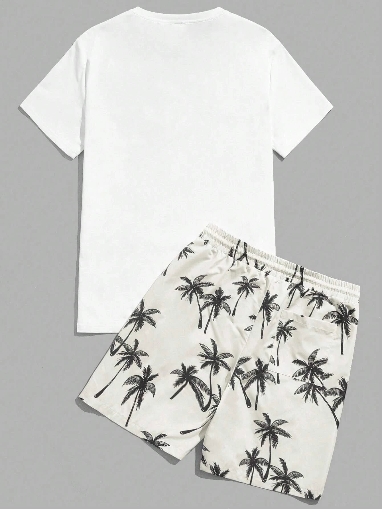 Palm Motif T Shirt With Adjustable Shorts-Vacay Outfit