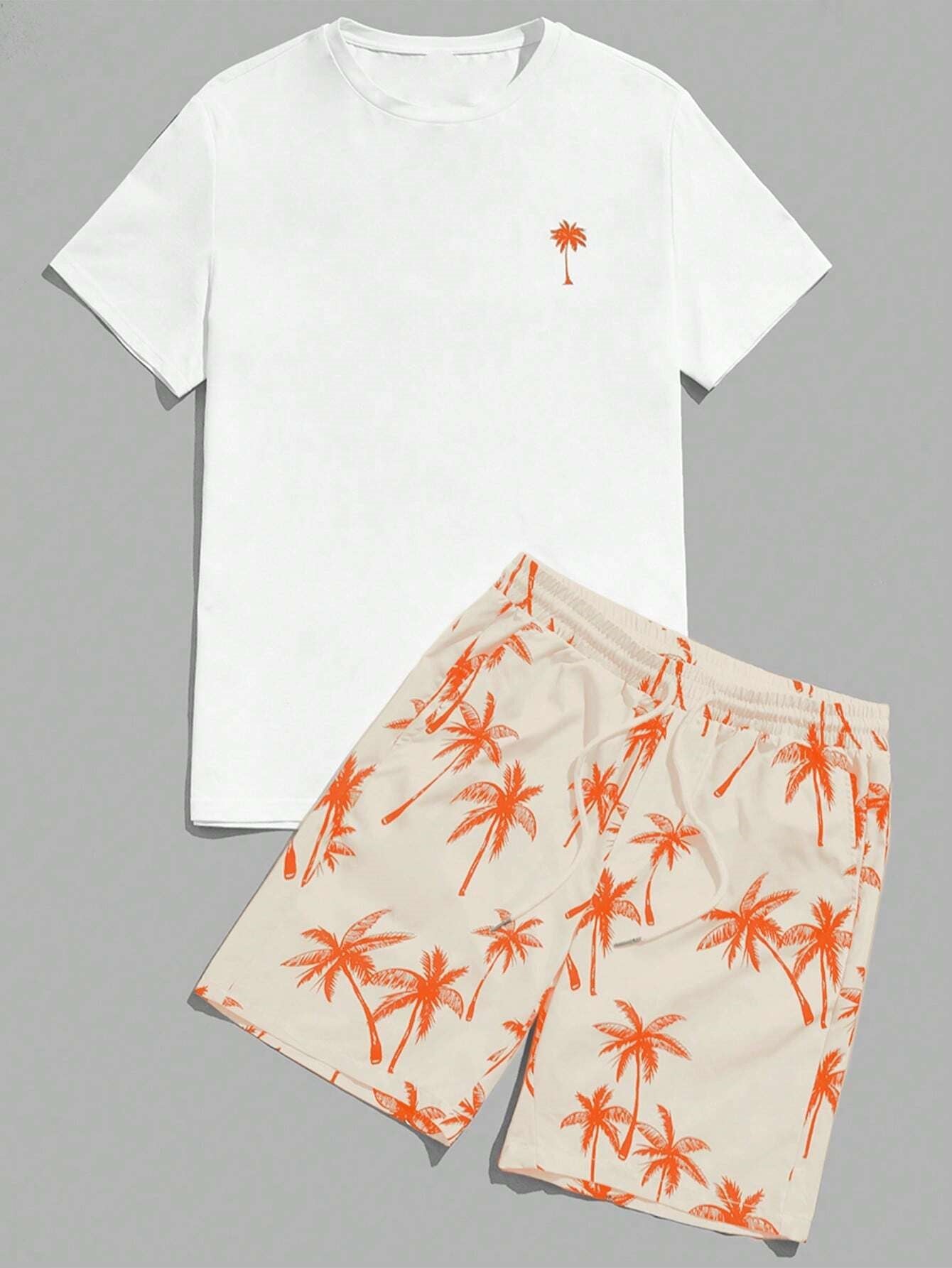 Palm Motif T Shirt With Adjustable Shorts-Vacay Outfit