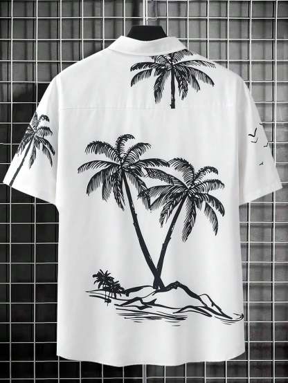 Palm Tree Print Casual Shirt-Vacay Outfit