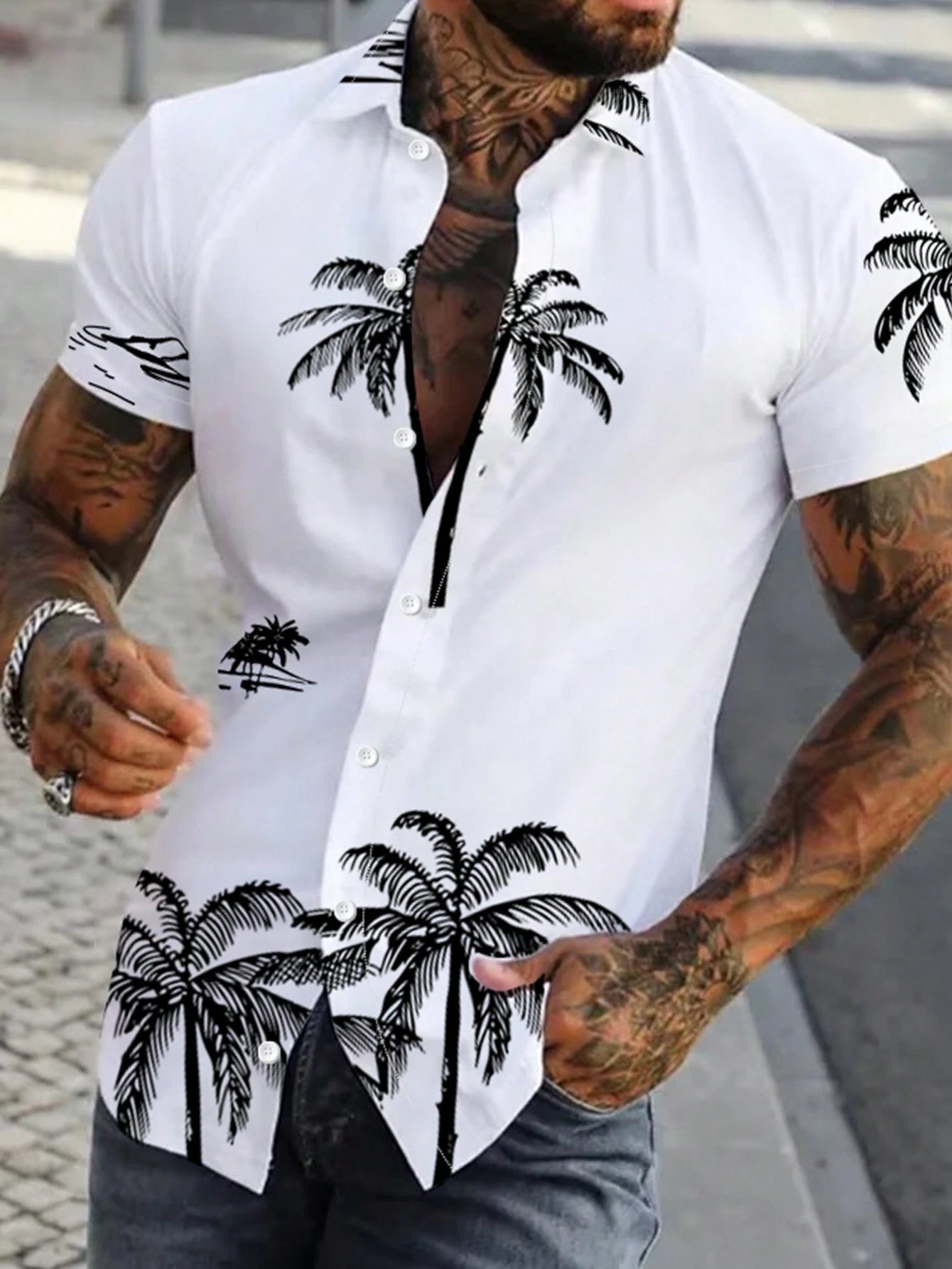 Plus Size Palm Tree Printed Shirt-Vacay Outfit