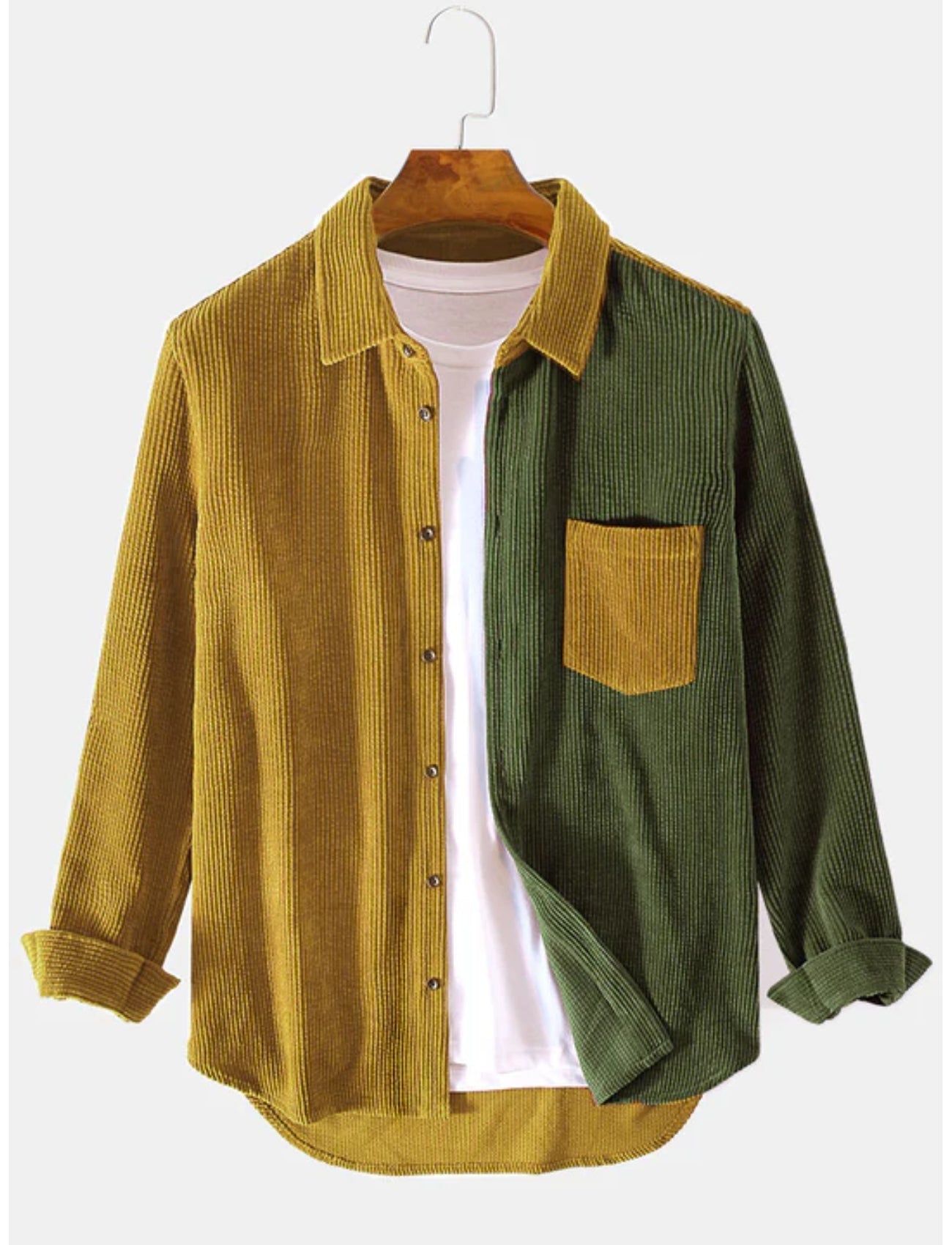 Patchwork Corduroy Long Sleeve Shirt-Vacay Outfit