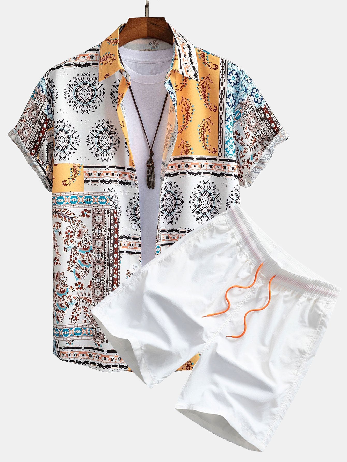 Patterned Scarf Shirt With Matching Swim Trunks Set-Vacay Outfit