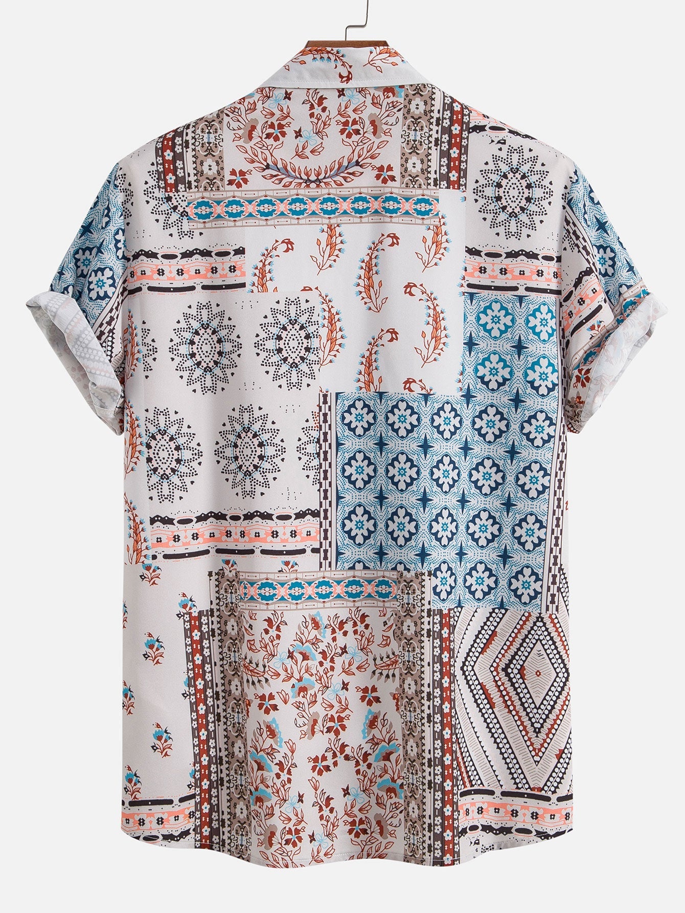 Patchwork Print Short Sleeved Shirt-Vacay Outfit
