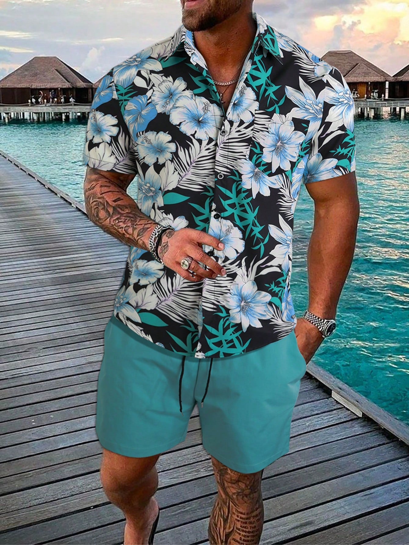 Tropical Harmony Shirt And Shorts Set-Vacay Outfit