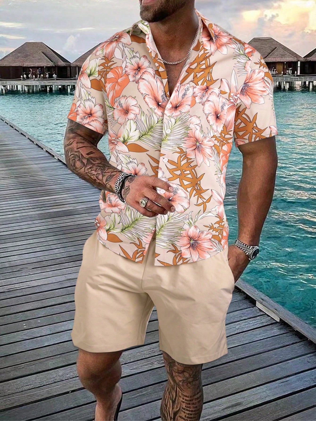 Tropical Harmony Shirt And Shorts Set-Vacay Outfit