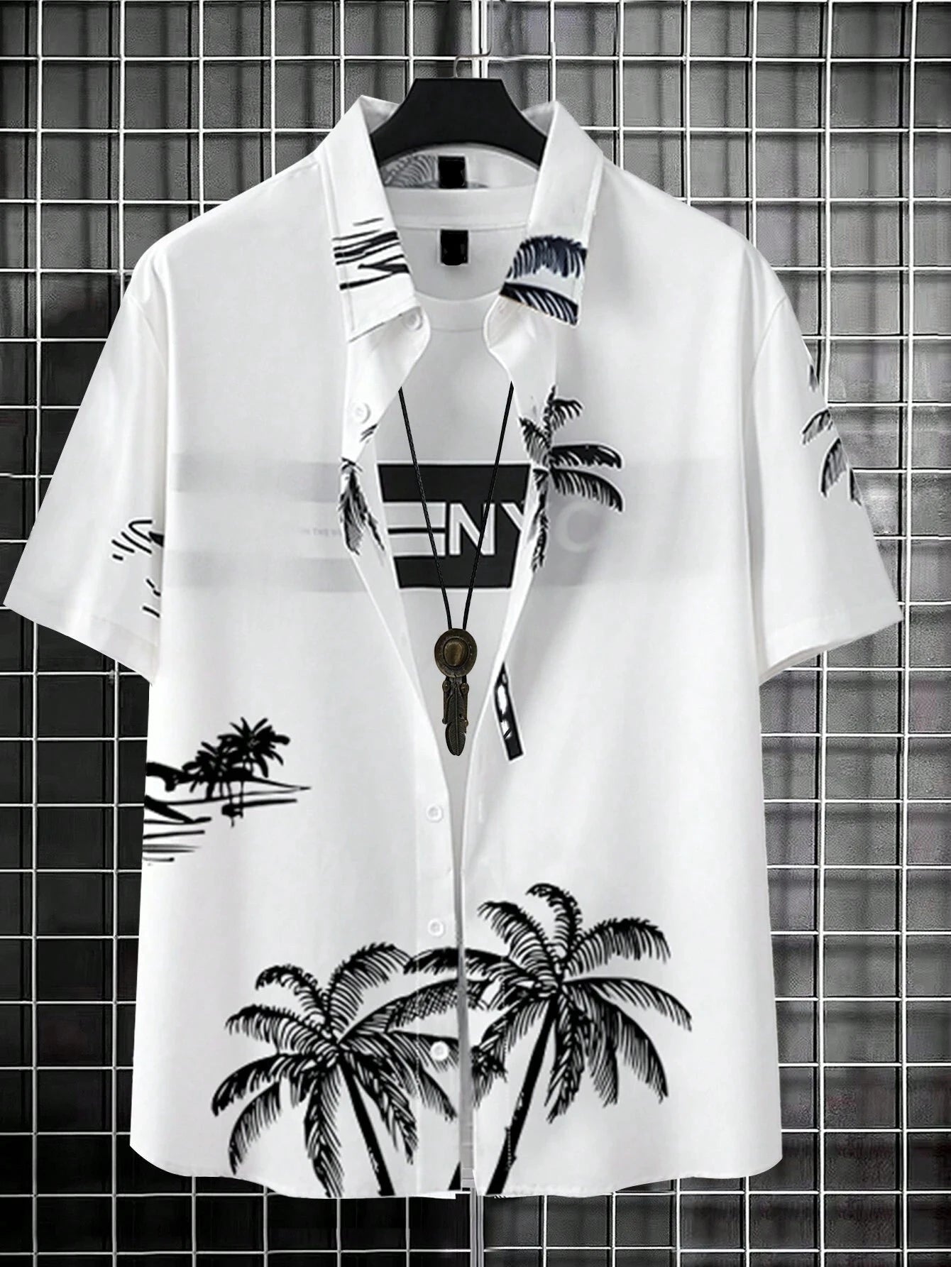 Plus Size Palm Tree Printed Shirt-Vacay Outfit