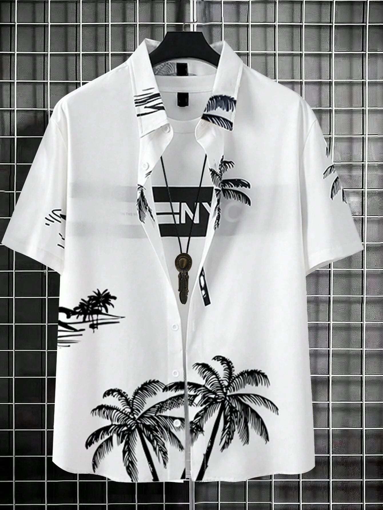 Plus Size Palm Tree Printed Shirt-Vacay Outfit