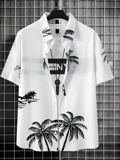 Plus Size Palm Tree Printed Shirt-Vacay Outfit