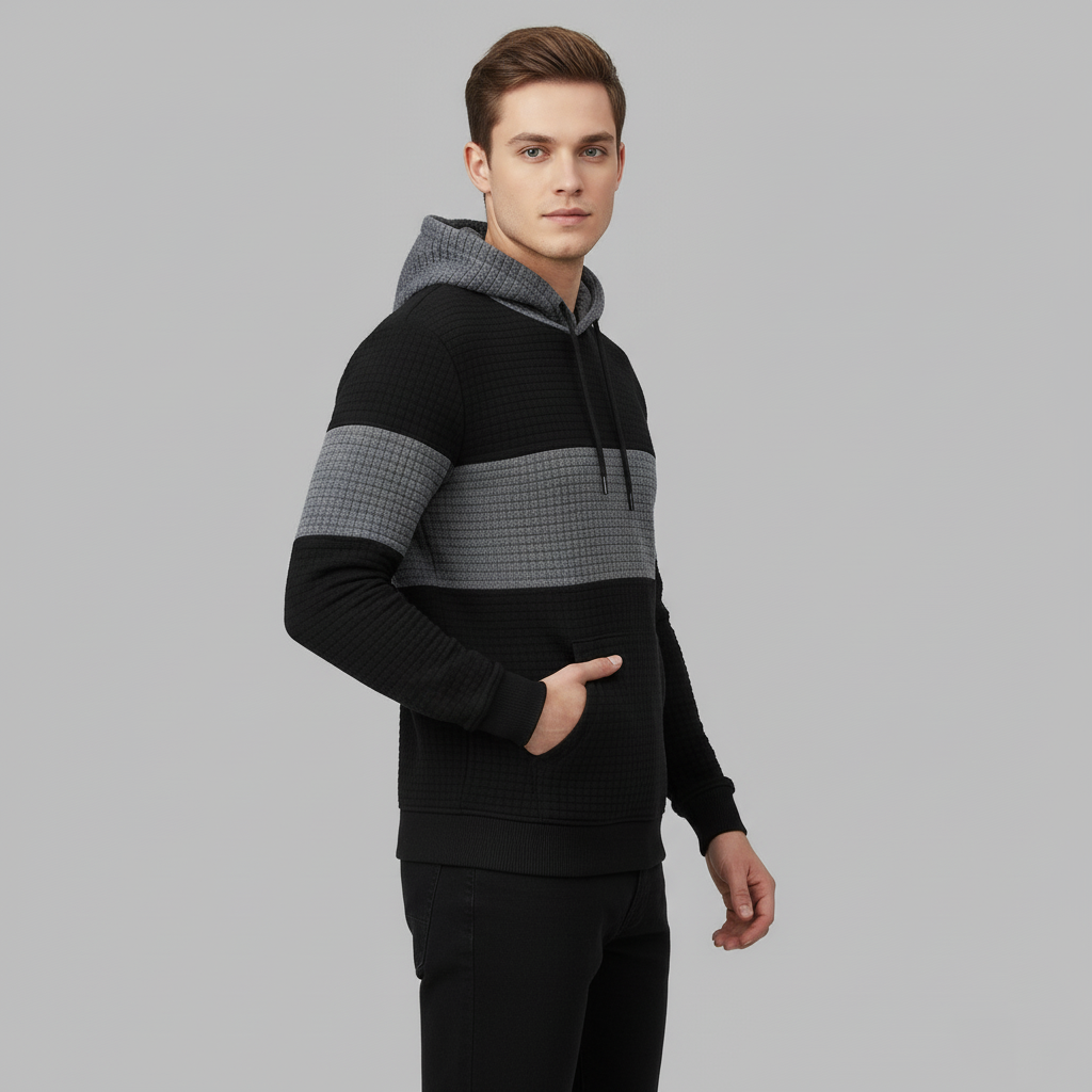 Pullover Plaid Jacquard Long Sleeve Drawstring Hipster Casual Hooded