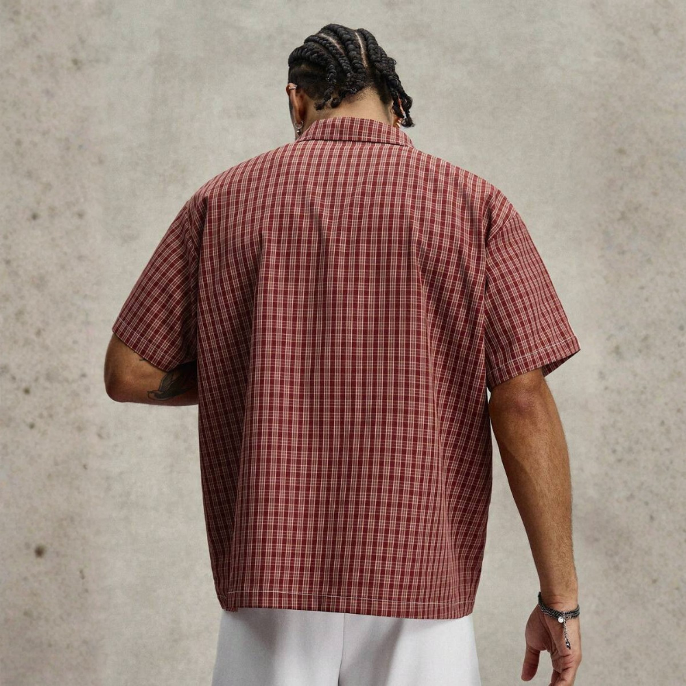 Casual Streetwear Retro Summer Short Sleeve Plaid Patchwork Loose For Men
