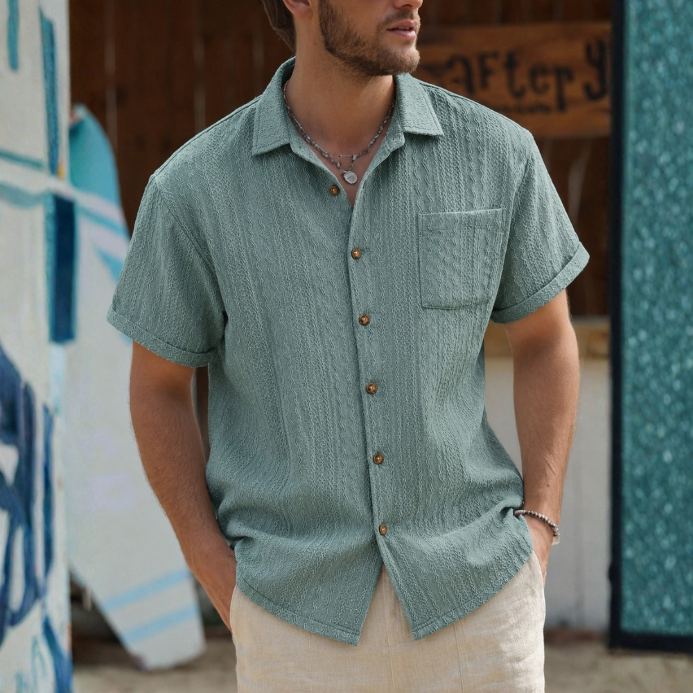 Textured Revere Collar Short Sleeve Casual Vacation Shirt For Men