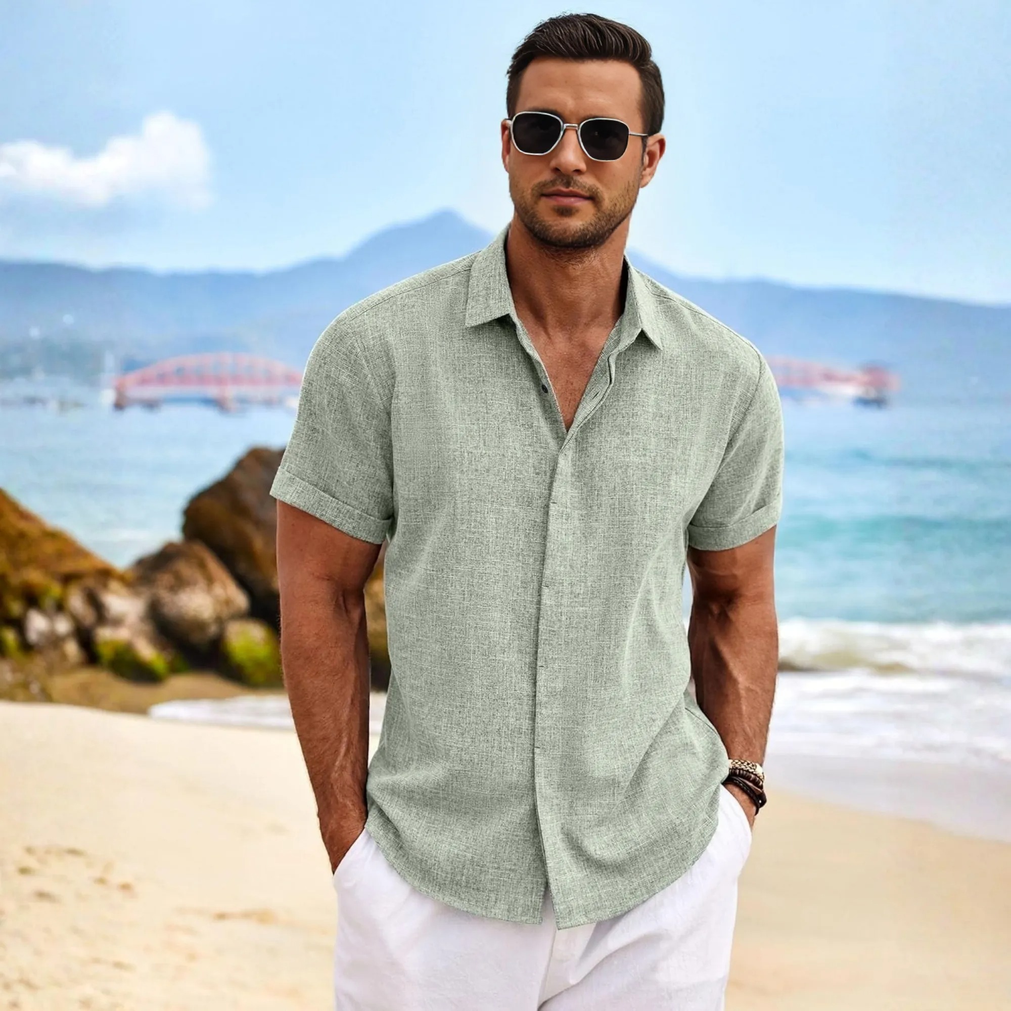 Short Sleeve Linen Shirt Button Down Casual Summer Wear