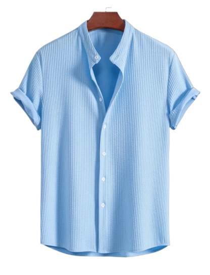 Slim Fit Ribbed Stand Collar Shirt-Vacay Outfit