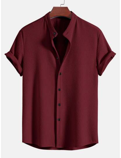 Slim Fit Ribbed Stand Collar Shirt-Vacay Outfit