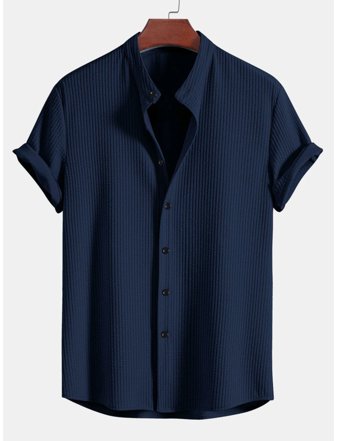 Slim Fit Ribbed Stand Collar Shirt-Vacay Outfit