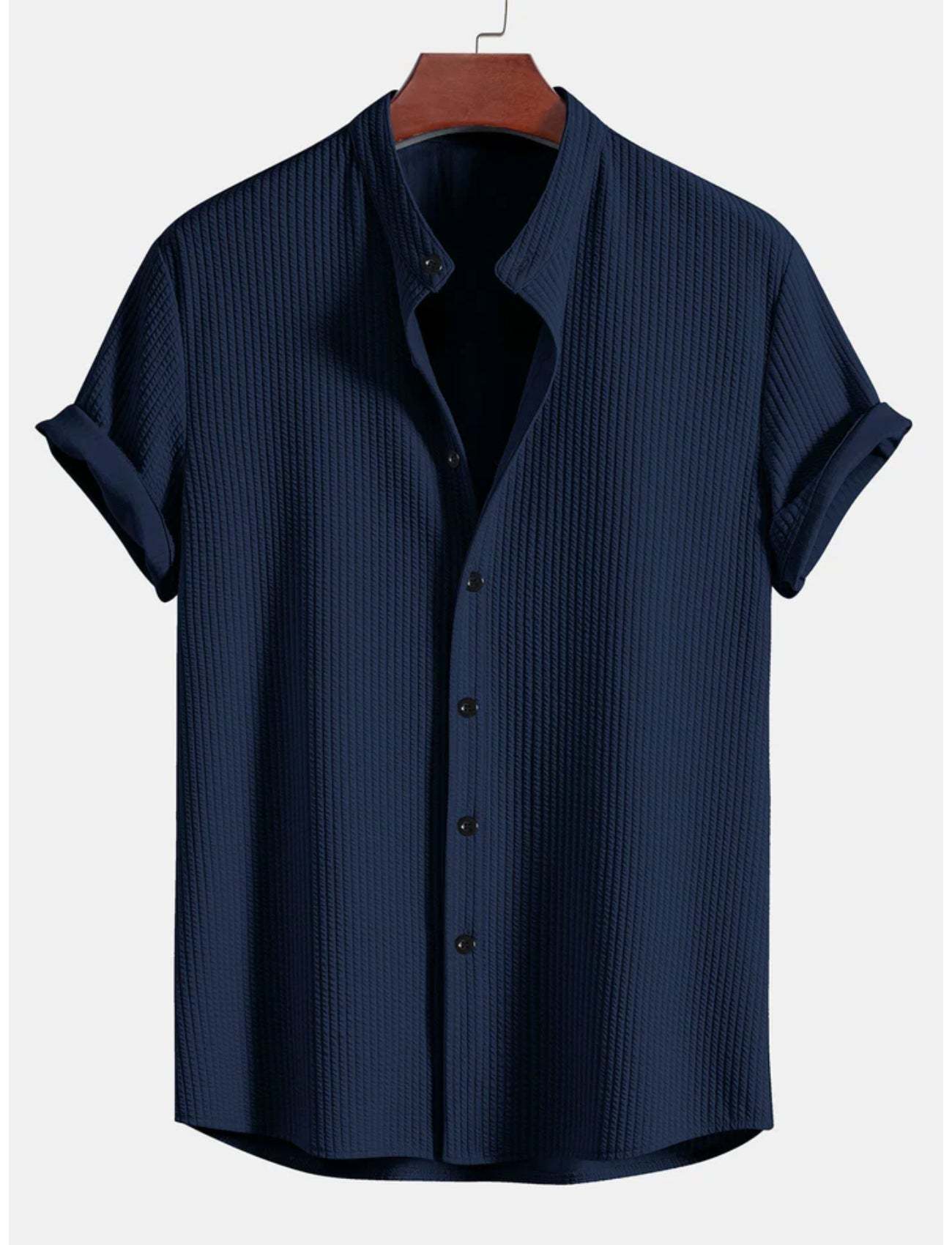 Slim Fit Ribbed Stand Collar Shirt-Vacay Outfit