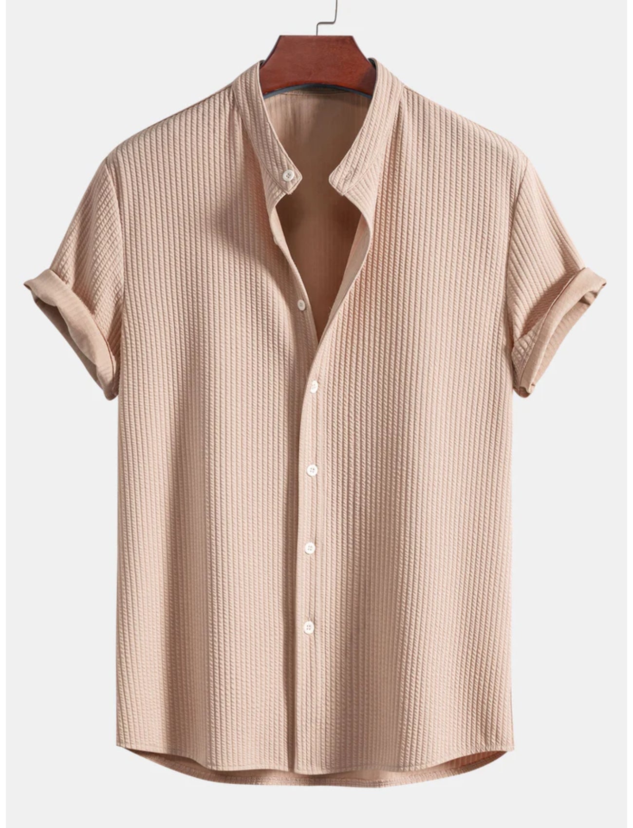 Slim Fit Ribbed Stand Collar Shirt-Vacay Outfit